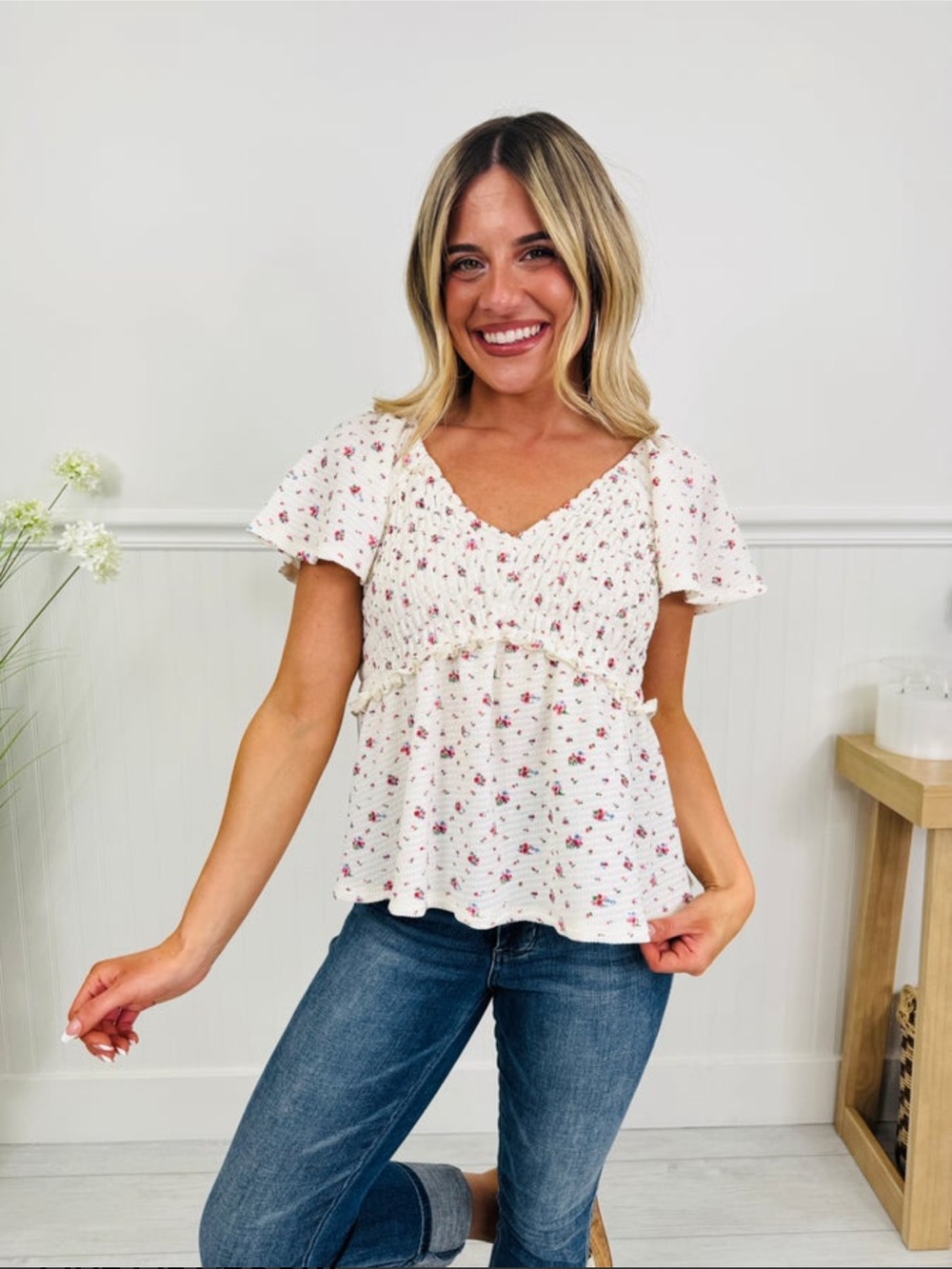 Smocked V-Neck Peplum Blouse - Cream with Pink Floral